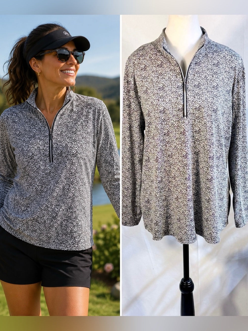 💥Lulu-B Micro Leopard 1/4 Zip UPF 50+ Long Sleeve Active Golf Top Sz L💚